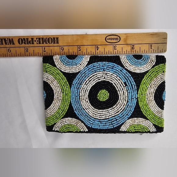 Vintage Beaded Zip Clutch Retro Purse Green & Brown MCM Circle Motif Pouch - Picture 5 of 8